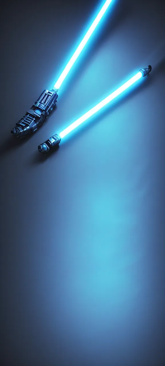 Prompt: detailed cinematic render, of a blue cyberpunk lightsaber lying vertically on a glossyfloor, in a dark room, photo from above, octane render 8 k, digital art, lightsaber wallpaper 4 k, ray tracing, jedi fallen order lightsaber wallpaper 4 k, cal kestis lightsaber wallpaper