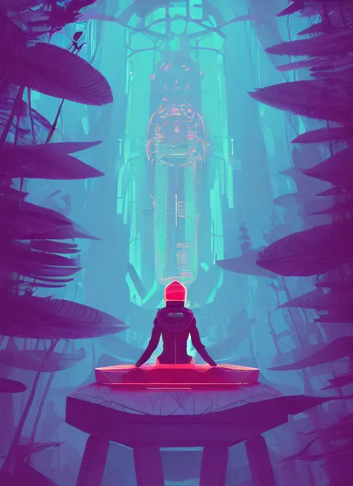 Prompt: an indie game poster of a translucent cyberpunk explorer meditating on an ancient platform in the middle of a dense forest, midnight, risograph by josan gonzalez, colourful flat surreal design, in the style of oxenfree, super detailed, a lot of tiny details