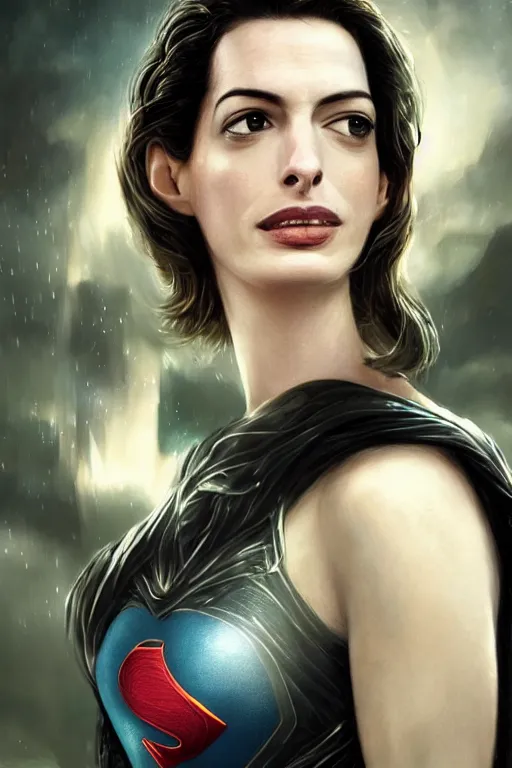 Image similar to a fancy close up of Man of Steel cast as Anne Hathaway by Greg Rutkowski, Sung Choi, Mitchell Mohrhauser, Maciej Kuciara, Johnson Ting, Maxim Verehin, Peter Konig, 8k photorealistic, cinematic lighting, HD, high details, dramatic, trending on artstation, full body shot