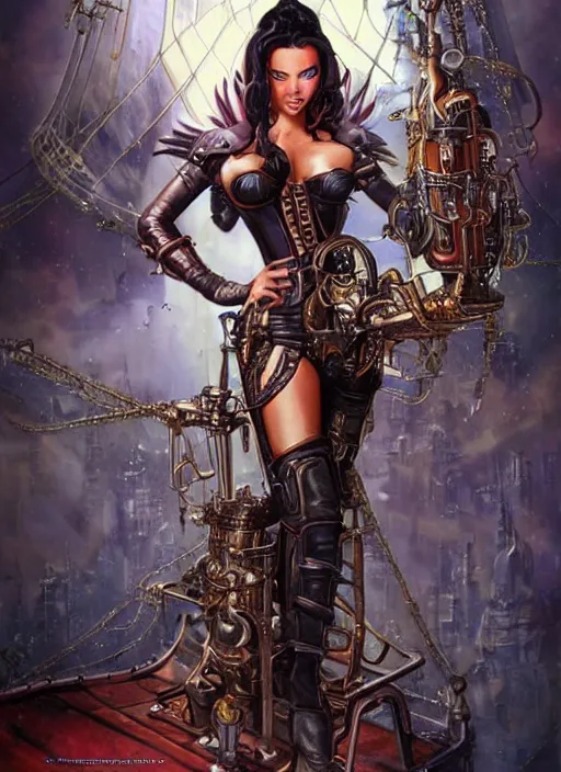 Image similar to front portrait of attractive Adriana Lima as Lady Mechanika hanging from a steampunk airship , Intrincate background with steampunk imagery , D&D!, fantasy style, sharp focus!, ultra detailed, art by Artgerm and Peter Andrew Jones, WLUP