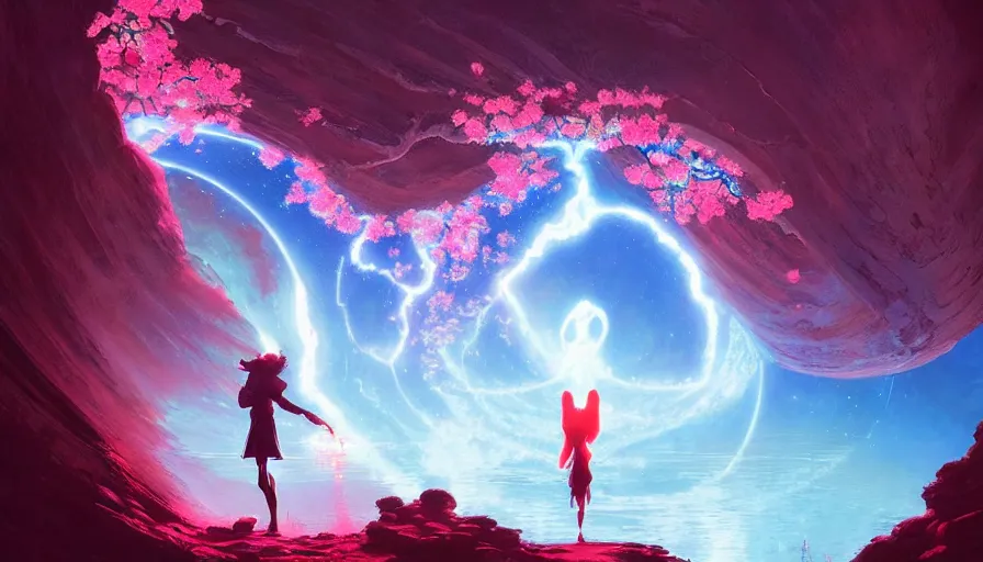 Image similar to a sakura portal appears out of nowhere in waimea canyon, inside the portal is a gateway to an alien world, otherworldly visuals, visually stunning, divine, scifi, by james jean, ruan jia, ilya kuvshinov, martine johanna, peter mohrbacher