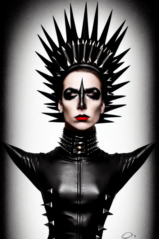 Image similar to a woman in a black leather outfit with spikes on her head, a high fashion character portrait by christen dalsgaard, featured on behance, gothic art, androgynous, genderless, gothic