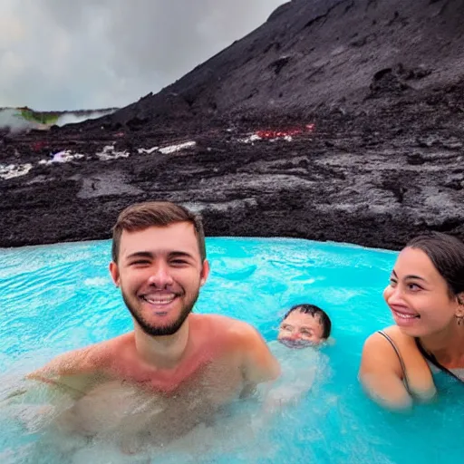 Prompt: young couple taking a bath in lava, volcanic eruptions in the background