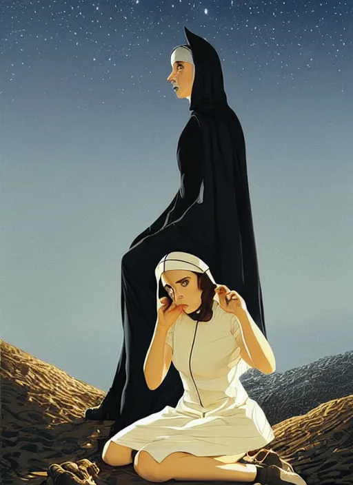 Image similar to poster artwork by Michael Whelan and Tomer Hanuka, Karol Bak of Emma Watson nun, on her knees, looking to the sky, from scene from Twin Peaks, clean