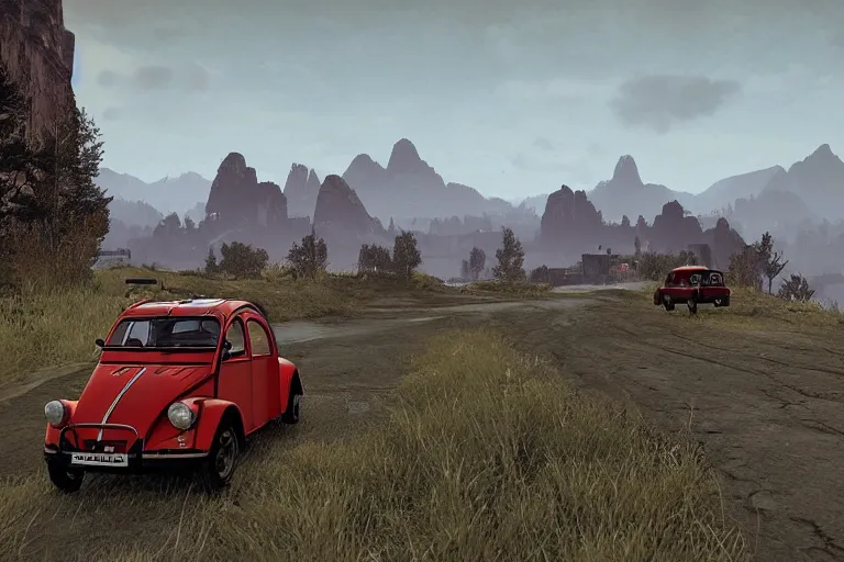 Prompt: red and black citroen 2 cv ( 1 9 6 5 ) driving across the rift, riften city in the background, epic fantasy, the elder scrolls v : skyrim, dramatic lighting, establishing shot, by simon stalenhag