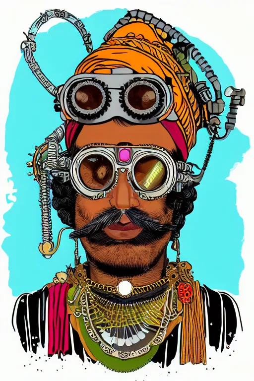 Image similar to face portrait of an indian man with long neon moustache rajasthani pagdi wearing madmax style steampunk goggles and steampunk jewelry, art by butcher billy, sticker, colorful, illustration, highly detailed, simple, smooth and clean vector curves, no jagged lines, vector art, smooth