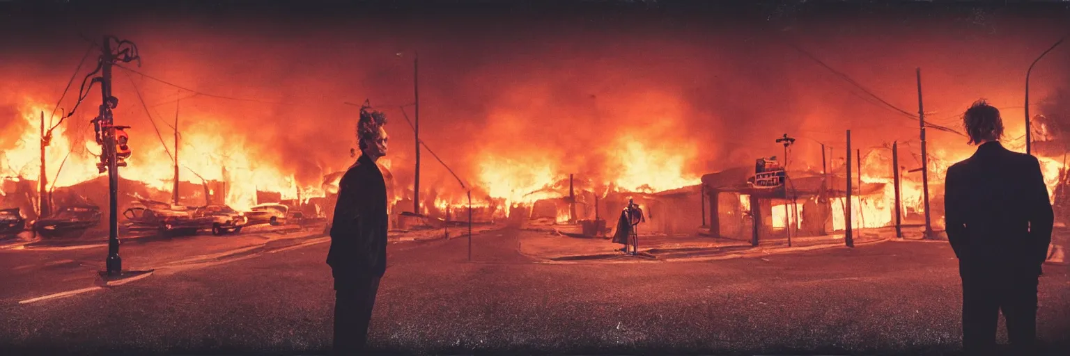 Image similar to detailed medium format photo, polaroid still from a scandinavian movie, sleazy man watching night streets while a single house burns in the background, haze, high production value, intricate details, 8 k resolution, hyperrealistic, hdr, photorealistic, high definition, tehnicolor, award - winning photography, masterpiece, amazing colors