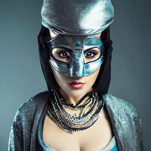 Prompt: sci - fi, fantasy arabian woman with mask, portrait photo, studio light, hdr, commercial shot, dark background, futuristic, luxury
