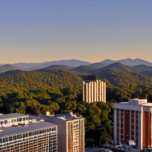 Prompt: super tall hotel above the asheville, nc skyline