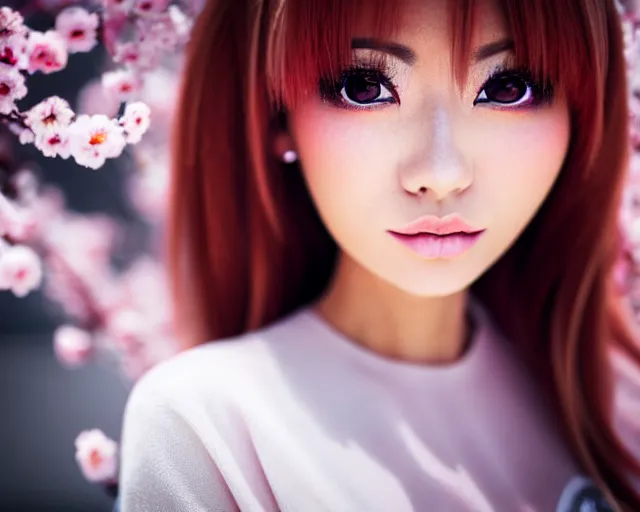 Image similar to close up portrait of an japanese gyaru with beautiful face and modern clothes, sakura blooming in the background, bokeh, depth of field, dramatic lighting, cinematic, vivid colors, matte painting, vivid color scheme, trending on pixiv