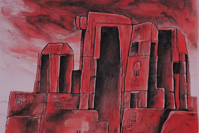 Image similar to ancient martian architecture, minimalistic red and ink airbrush painting on white background