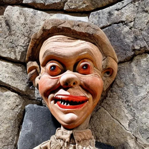 Prompt: grotesque medieval sculpture of howdy doody, detailed rough stone texture