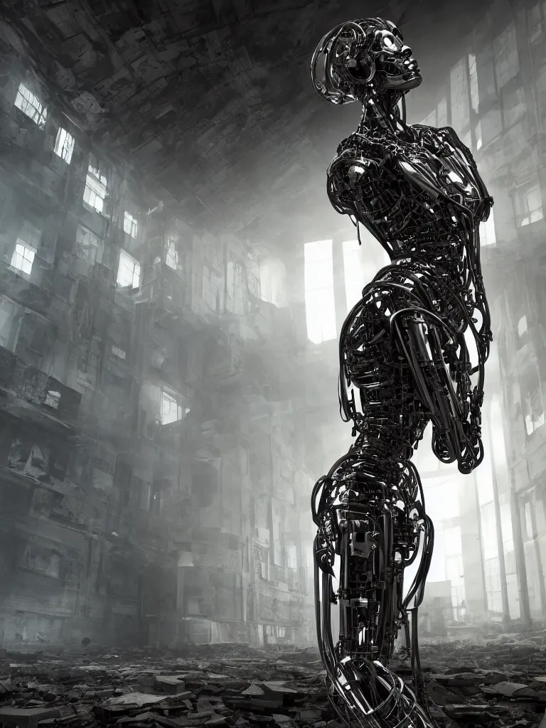 Prompt: portrait of a cyborg statue, standing in a hall of abandoned ancient megacomplex; hyperrealistic, 4K wallpaper, cinematic lighting, highly detailed and beautiful