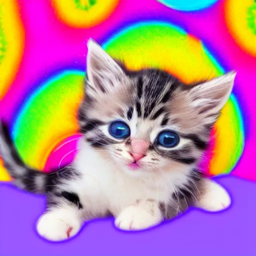 Image similar to a picture of an adorable kitten in front of a backdrop designed by Lisa Frank