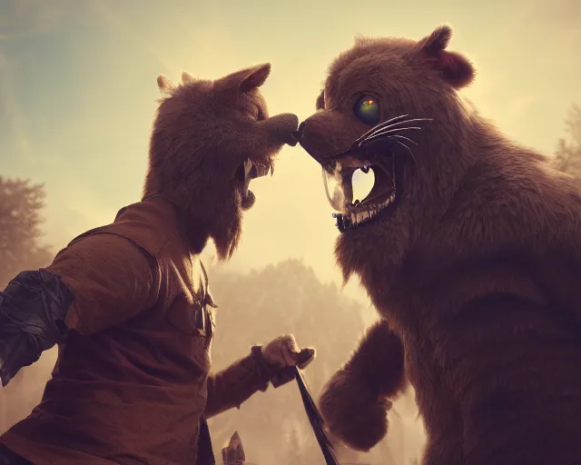 Image similar to gerald of rivia fighting with fursuit cosplayers, cinematic, concept art, wlop, beeple, highly detailed, face, hands, unreal engine, octane render