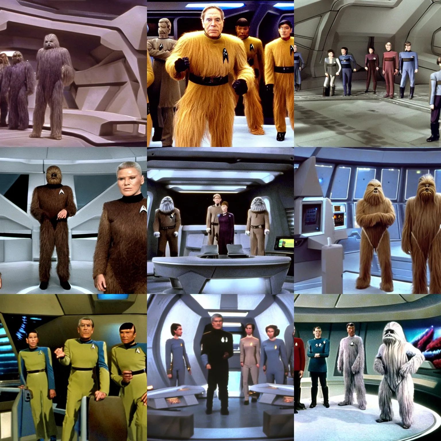 Prompt: still of the bridge of enterprise in star trek original series, but the crew are wookies