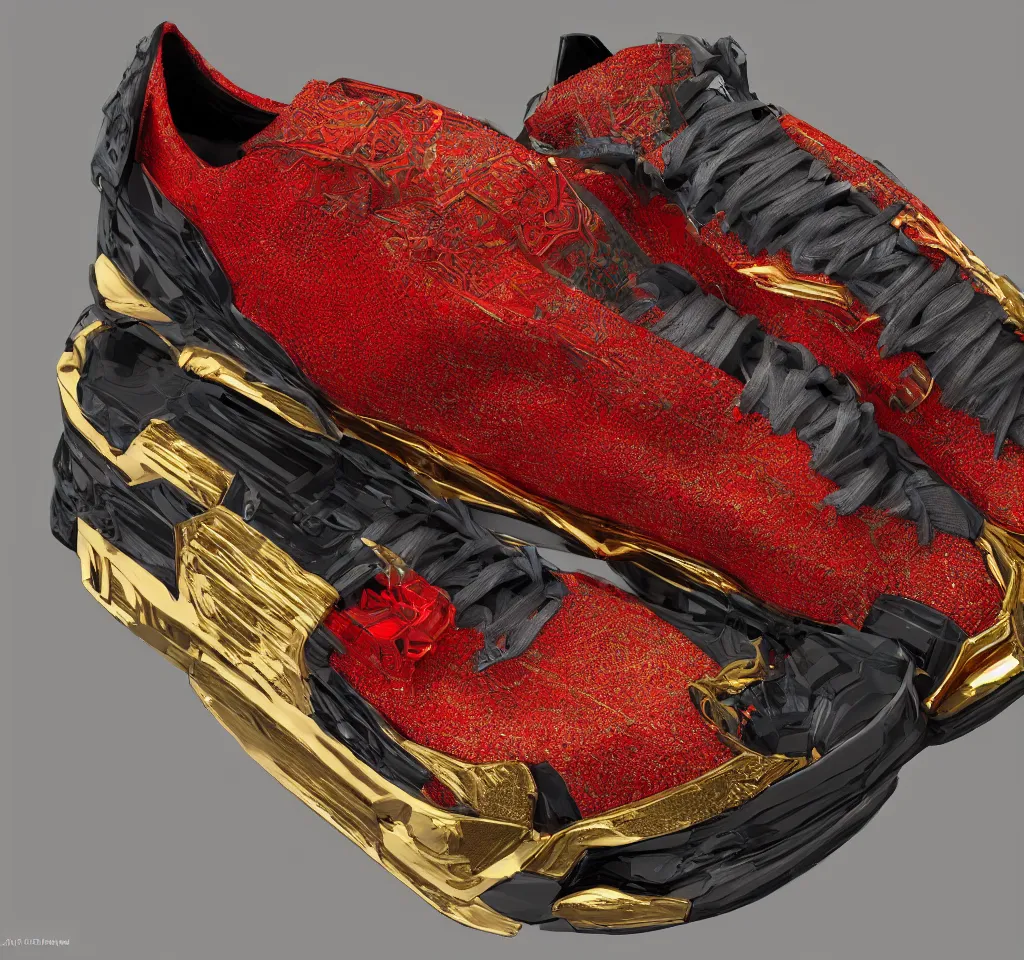 Image similar to realistic 3 d render product shot of a cyberpunk sneaker, beautiful studio lighting, soft, sharp focus, neon cyberpunk highlights, intricate detail, gold and red accents, soft rubber, octane render, wide angle, trending on artstation, deviantart, art by syd mead and issey miyake