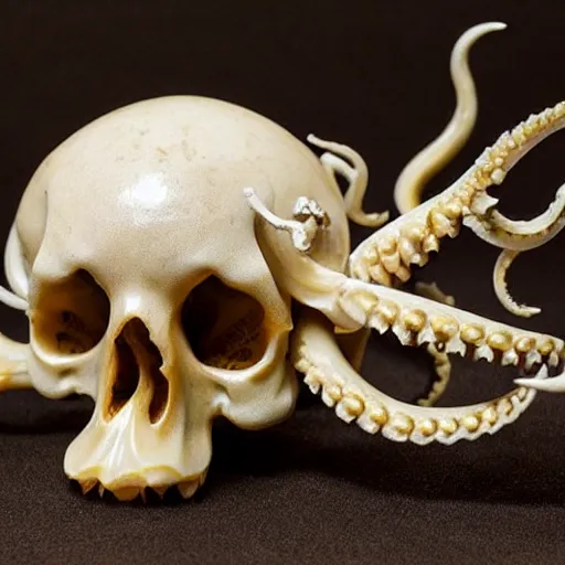 Image similar to an intricately detailed carving in an human - octopus skull, rococo ornate bone and ivory sculpted skull with teeth and tentacles, horror, artifact, micro detailed, inscribed with occult symbols, otherworldly