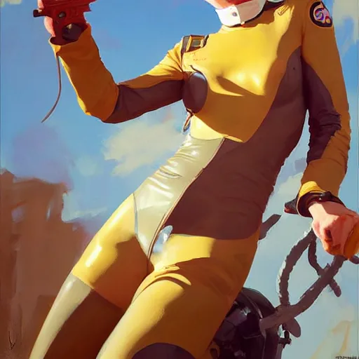 Prompt: greg manchess painting of tracer wearing a latex suit, medium shot, organic painting, sunny day, matte painting, bold shapes, hard edges, street art, trending on artstation, by huang guangjian and gil elvgren and sachin teng