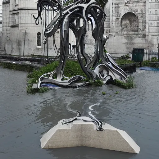 Prompt: The kinetic sculpture shows a grave that has been flooded with water. The grave is located in a cemetery in Italy. The water in the grave is dirty and there is trash floating in it. The grave is surrounded by a fence. cyberpunk by Zaha Hadid, by Tibor Nagy balmy