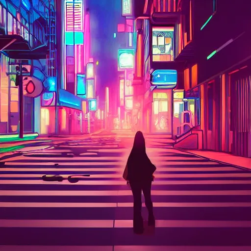 Prompt: woman lost in a city at night, neon lights, awesome, digital art, anime