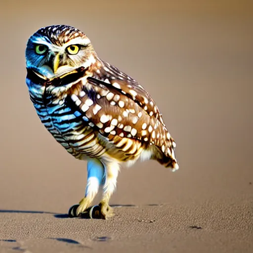 Prompt: the burrowing owl didn't sleep standing or perched, he slept in what could be described as a squat with his short stubby tail supporting him, and his legs splayed out to the sides, burrowing owl, guardians of gahool