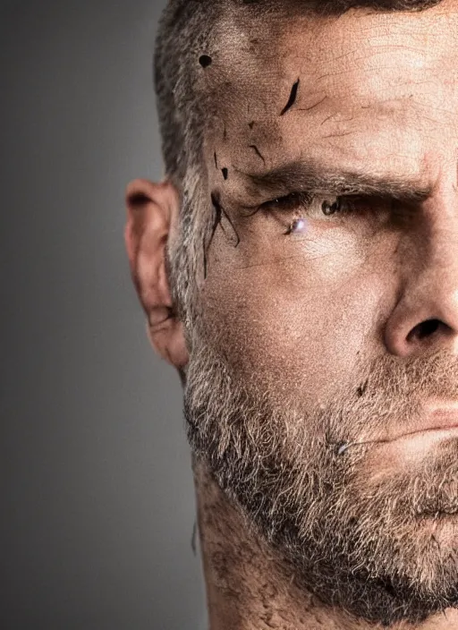 Prompt: a portrait picture of a stern looking middle - aged man, crew cut, brown hair, rugged looks, serious face, stubble, scar on the cheek, highly detailed, digital art, realistic, 4 k, studio lighting, trending on artstation