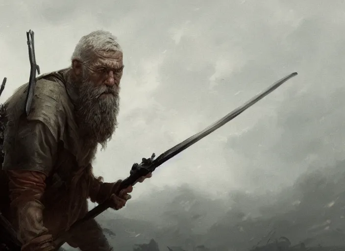 Prompt: close up cinematic artwork of a random old man with a long beard, holding a staff, staring down the enemy on the battlefield by Greg Rutkowski, 4k, masterpiece