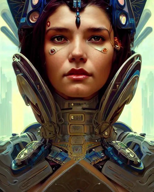 Image similar to portrait of a beautiful cyberpunk amazonian woman wearing a warrior armor, beautiful symmetrical face, fantasy, regal, by stanley artgerm lau, greg rutkowski, thomas kindkade, alphonse mucha, loish, norman rockwell.