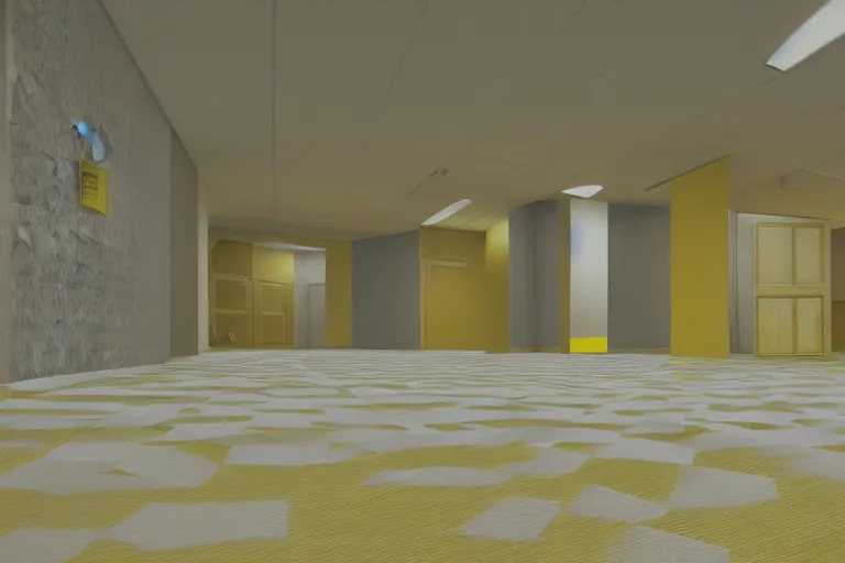 Image similar to 3 d render of jerma 9 8 5, jerma in endless halls of empty office space with worn light mono - yellow 7 0 s wallpaper, old moist carpet, and inconsistently - placed fluorescent lighting | liminal space | non - euclidean space | high octane | blender | 3 d render