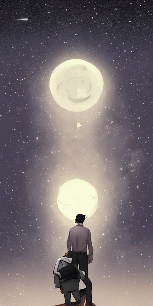 Prompt: at night, the back of an athletic handsome graying man carrying a white shirt with the mention FALL IN LOVE WITH JENNY NEVER RETURN, he's looking up a beautiful night sky full of stars, stylised highly detailed, artstation