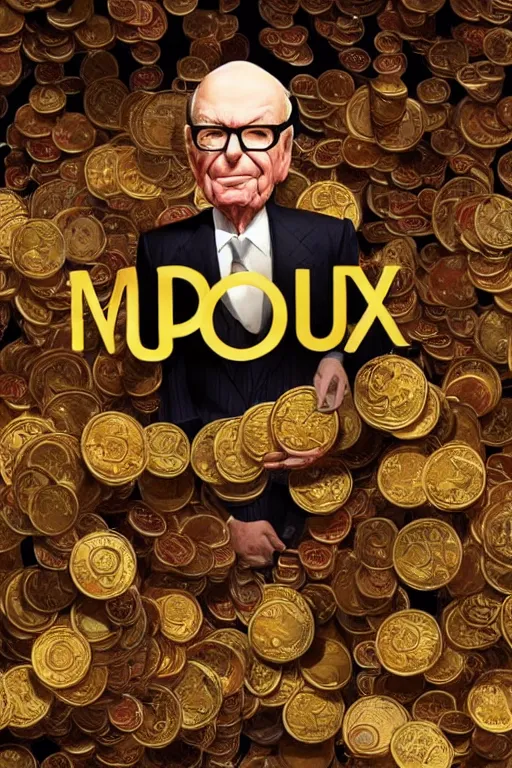 Image similar to !!! rupert murdoch!!! with!! many eyes!!, surrounded by gold coins, photorealistic, cinematic lighting, highly detailed, very intricate, by henry selick