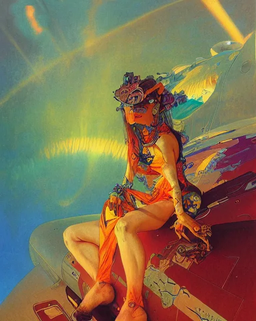 Prompt: rainbow flowerpunk portrait of a strict matriarch, on an aircraft, by paul lehr, beksinski, jesper ejsing, alphonse mucha