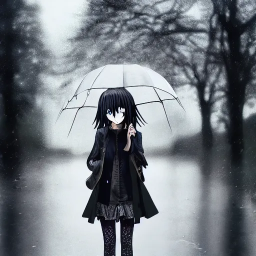 Image similar to 1 7 - year - old anime goth girl, black hair, long bob cut, long bangs, gothic coat, long bangs, united kingdom, rainy day, small town, midlands, english village, street scene, ultra - realistic, sharp details, cold lighting, blue and gray colors, intricate details, subsurface scattering, hd anime, 2 0 1 9 anime