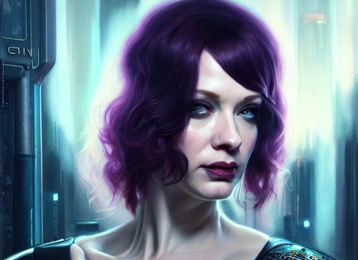 Image similar to portrait shot of a christina hendricks wearing cyberpunk clothing in cyberpunk 2 0 7 7, intricate, elegant, highly detailed, centered, digital painting, artstation, concept art, smooth, sharp focus, illustration, artgerm, tomasz alen kopera, peter mohrbacher, donato giancola, joseph christian leyendecker, wlop, boris vallejo