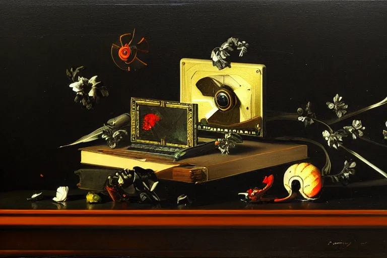 Image similar to a vanitas painting depicting an NVIDIA RTX A100 GPU, graphics card