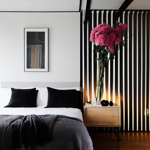 Image similar to bedroom, interior design, stylish luxury hotel bedroom design, black vertical slatted timber, stone, textures, feminine, black walls, art, vase with flowers, Japanese and Scandinavian influences