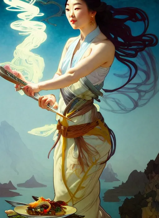 Image similar to arden cho as a chef, in a battle pose, holding magical kitchen knives, beautiful rivers of energy flowing in background, by peter mohrbacher and alphonse mucha and loish, 4 k, high resolution, intricate, hyperdetailed, photorealistic, artstation, smooth, sharp focus