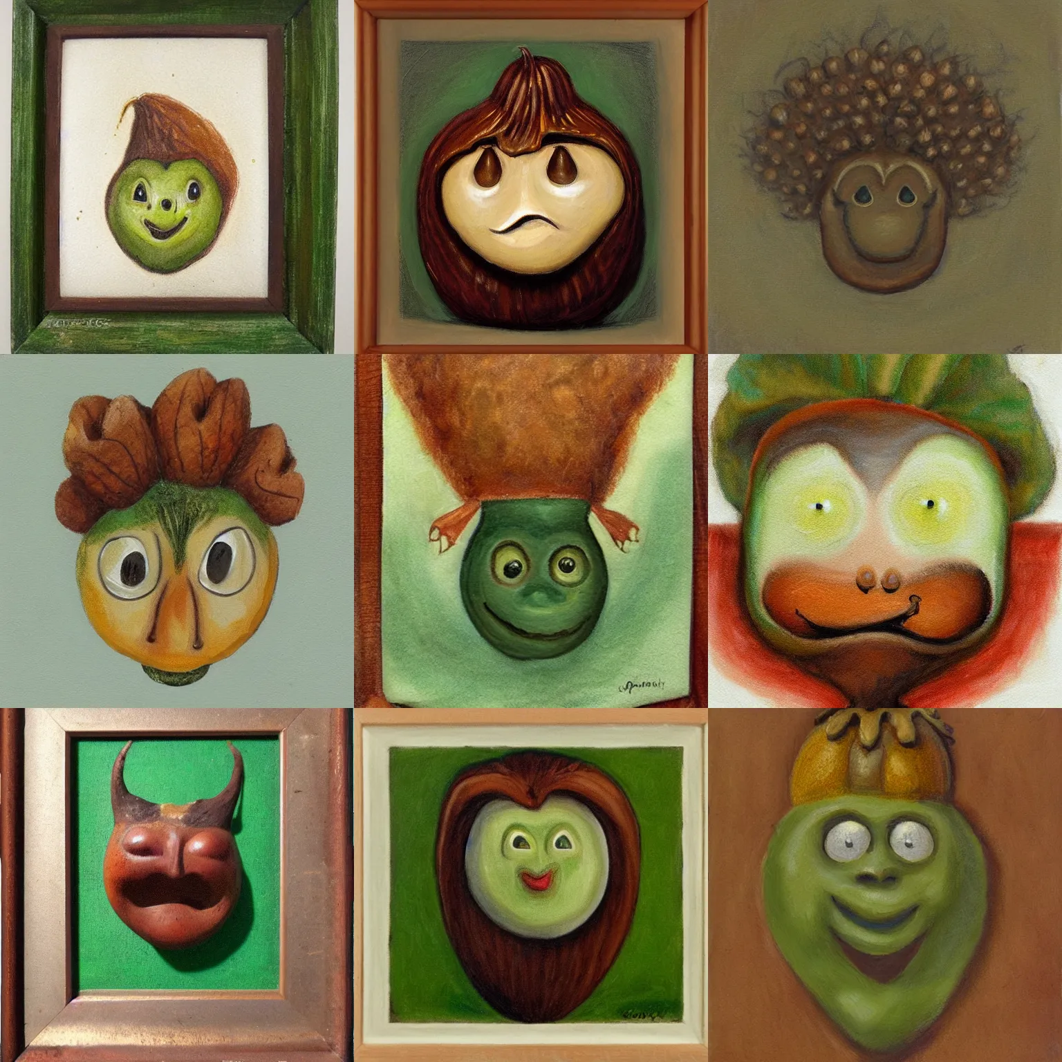 Prompt: effusively happy acorn face, creature, tonalist portrait, burnt sienna and sap green tones