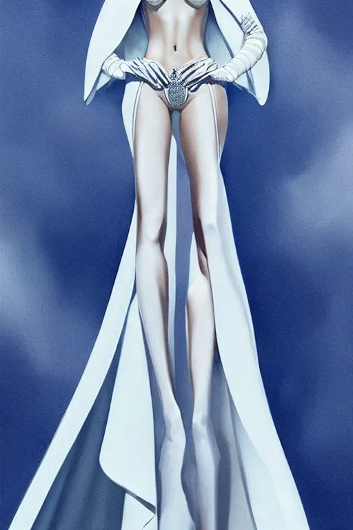 Image similar to detailed beautiful noun in opened white gold blue coat, seductive confident pose, attractive feminine curves, intricate details, futuristic, alien, elegant cape, elegant, photorealism, trending on artstation, sharp, holy halo, advanced technology, art by moebius and vitaly bulgarov and chanthara