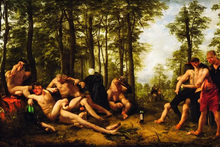 Prompt: mid - thirties guys binge drinking in a forest, in the style of skovgaard