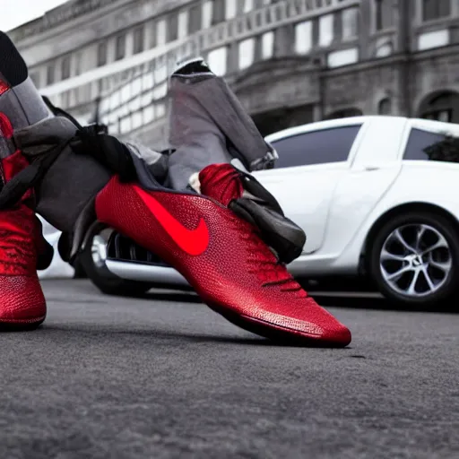 Prompt: luxury cars with their tires replaced by human legs wearing red nike shoes