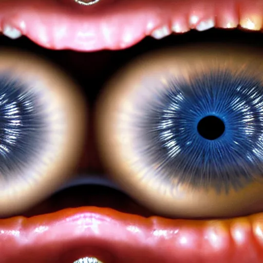 Image similar to eyeballs with sharp teeth, detailed, 4k resolution, reflections, high quality