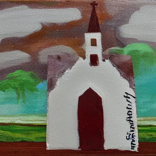 Image similar to oil on styrofoam crust - painting with melt of a small white country church in a corn field ( very sinister and sweet )