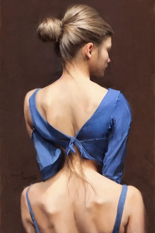 Image similar to girl with messy ponytail hairstyle, back view, blue camisole, shoulder tattoo, jeremy lipking, joseph todorovitch