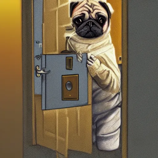 Image similar to golden - ration, gif, high - resolution, pencil art, colorized, extra - detailed, 8 k - resolution, pug astronaut, opening door, in space that leads into the universe