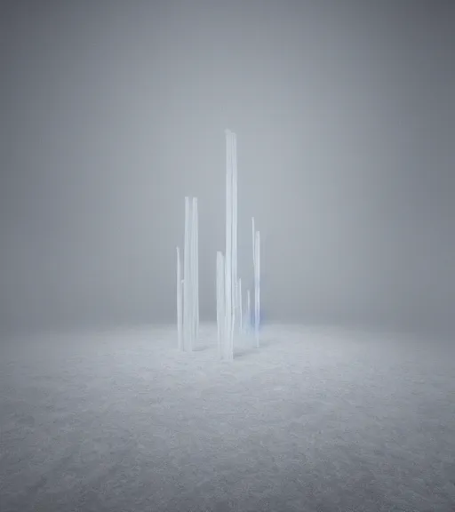 Image similar to surreal minimal tower made of white crystalized veins, inverted white roots in the floor, foggy sky, dark night, octane render, unreal engine, pale colors, high detail, 8 k, wide angle, trending on artstation, behance