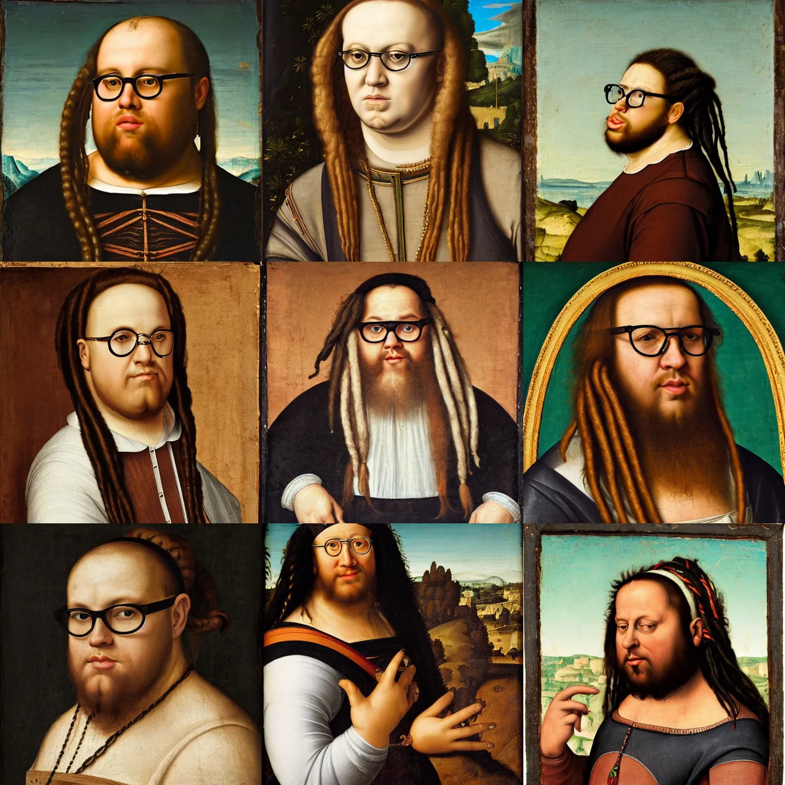 Prompt: a renaissance portrait of an obese white skinned entrepreneur with long black dreadlocks and trendy glasses