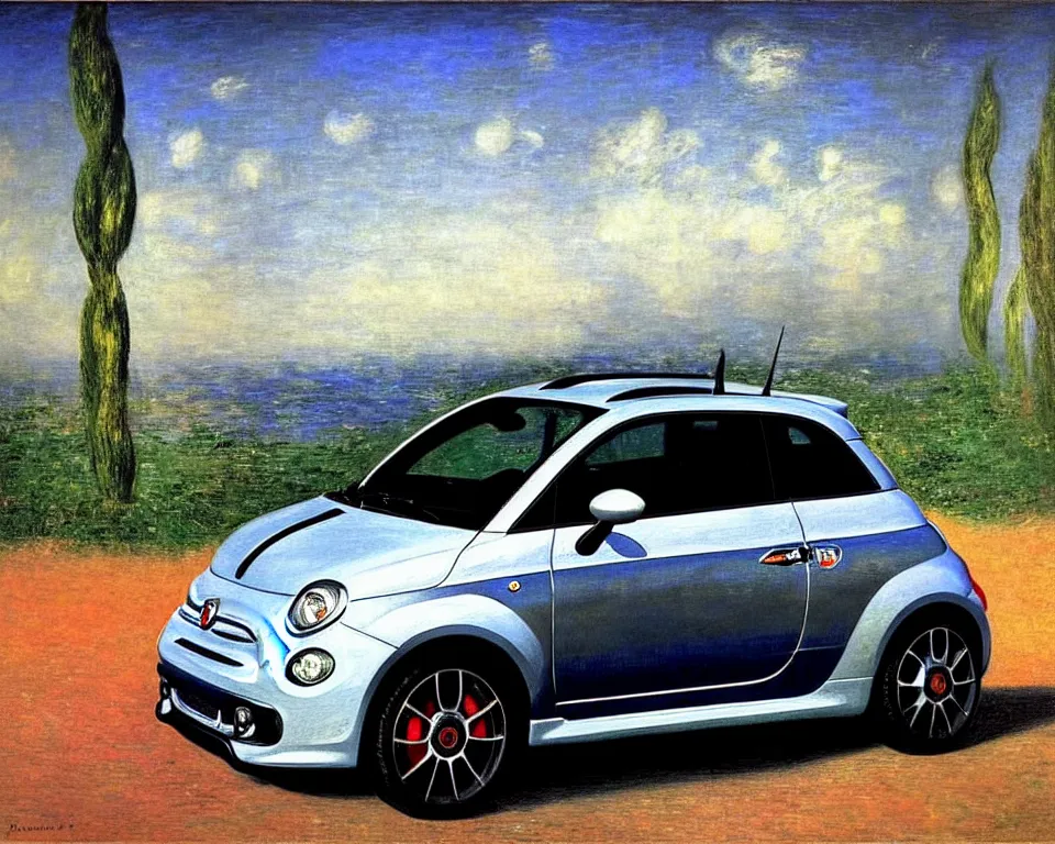 Image similar to achingly beautiful painting of a graphite 2 0 1 3 fiat 5 0 0 abarth by rene magritte, monet, and turner.