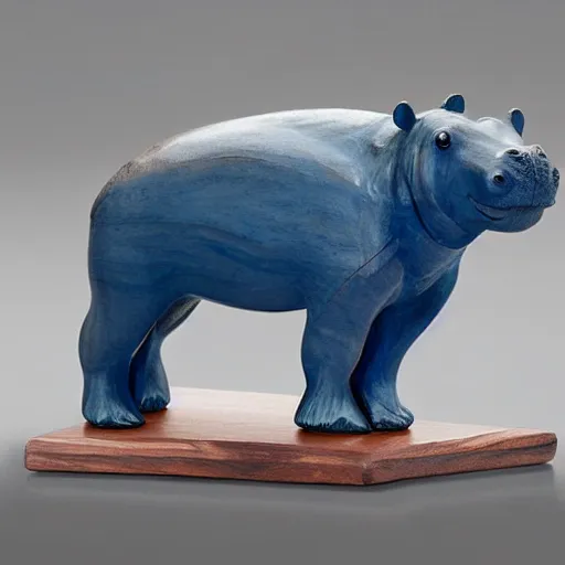 Image similar to a small hippo statue carved from natural wood and polished blue resin, half and half, mixed media, side view